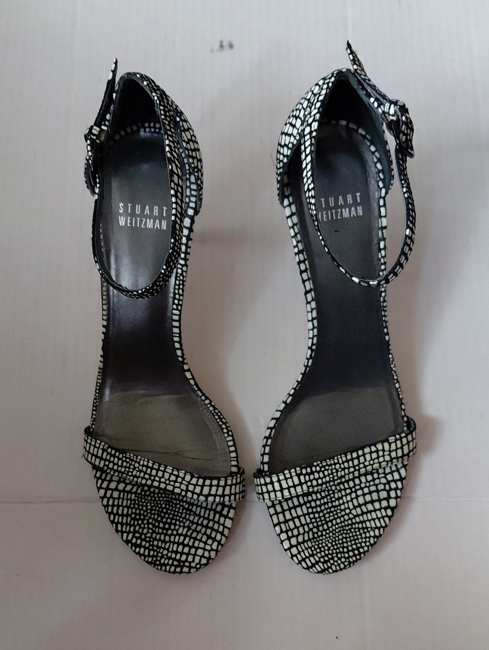 Stuart Weitzman Black and White Patterned Ankle-Strap Heels